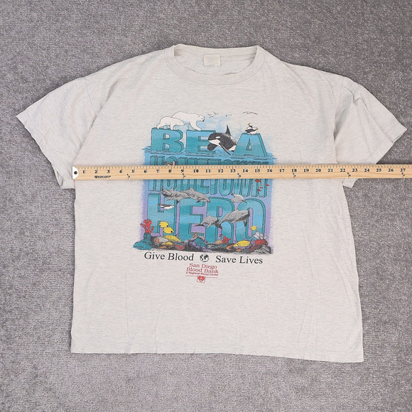 VTG 90s Ocean Whales Orcas Give Blood XL Gray Short Sleeve T-Shirt - Picture 4 of 9